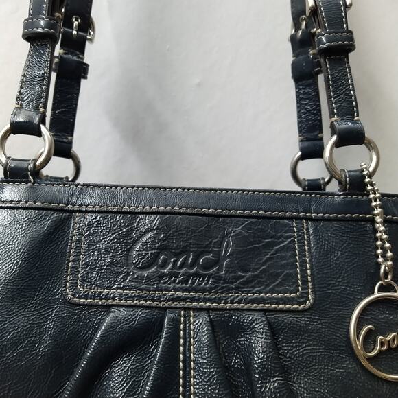 Coach Navy Blue Patent Leather Double Handles Zipper Closure Tote Bag - Picture 3 of 16